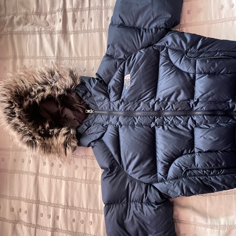 The North Face Women's Dark Navy Quilted Puffer with Faux Fur Trim Hood